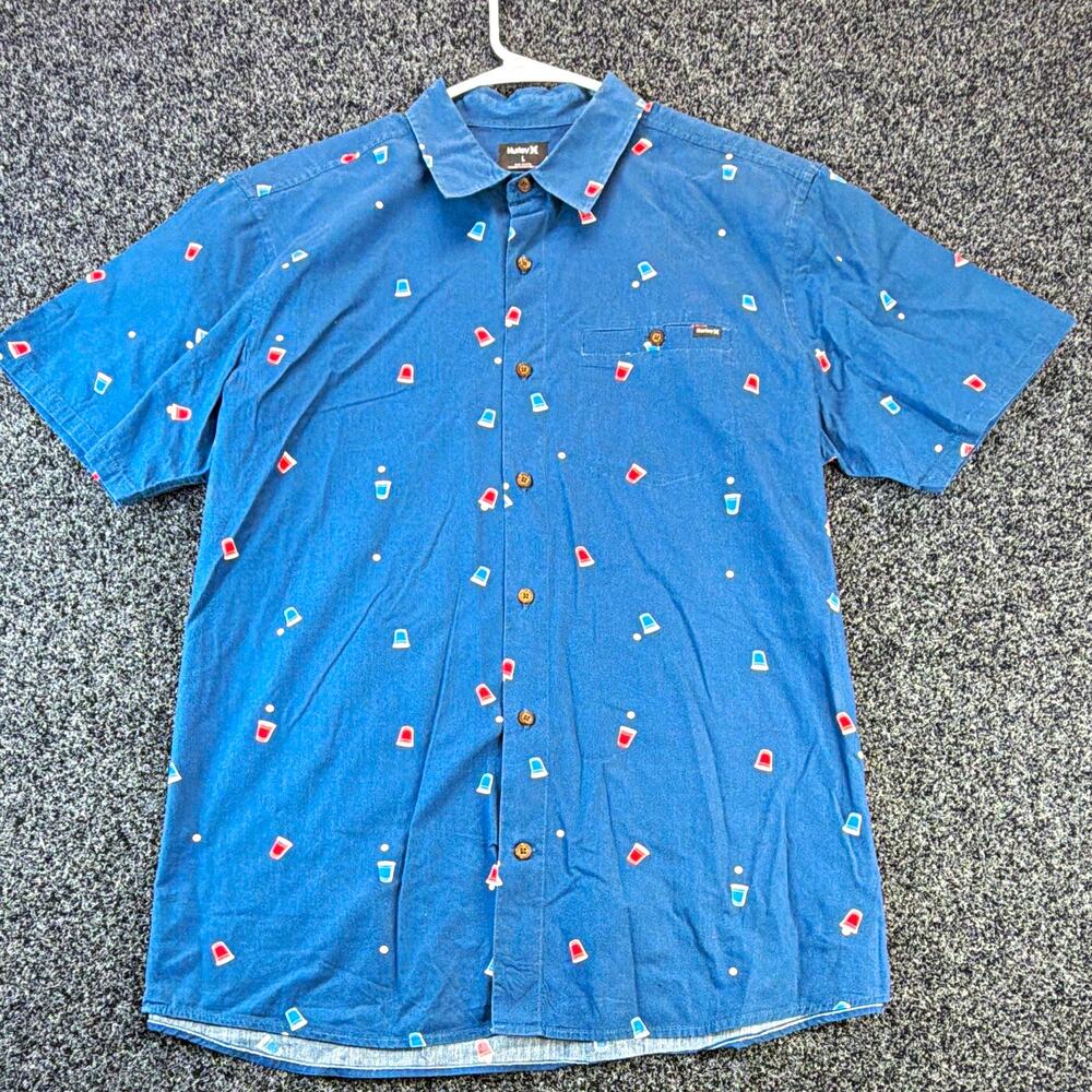 Hurley Men's L Blue Novelty Cup Print Woven S/S Point Collar Button-Up Pockets